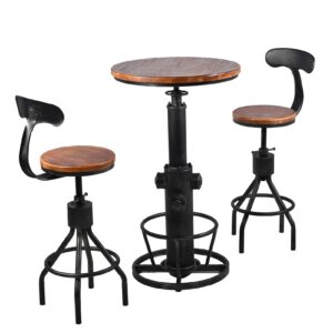 lokkhan 3-piece bar table (38.6"-48.4") & 2 backrest stools (24"-30") set for pub kitchen dining living party bistro breakfast, swivel top, height adjustable, most weld, space-saving（black&brown）