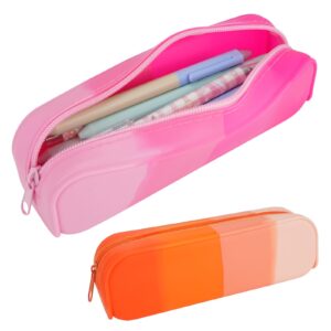 tie-dailynec 2 pcs silicone pencil case pencil pouch, colorful portable pen bag waterproof stationery storage bag with zipper, stylish makeup bag for pen pencils markers cosmetic (pink + orange)