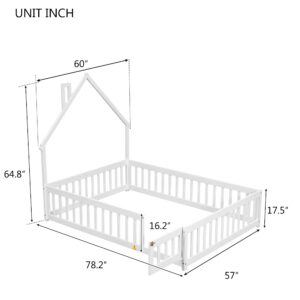 Harper & Bright Designs Kids Full Floor Bed with Rails & House-Shaped Headboard, Wooden Full Montessori Floor Bed Frame, Full Playhouse Bed for Kids Teens Girls Boys (White)