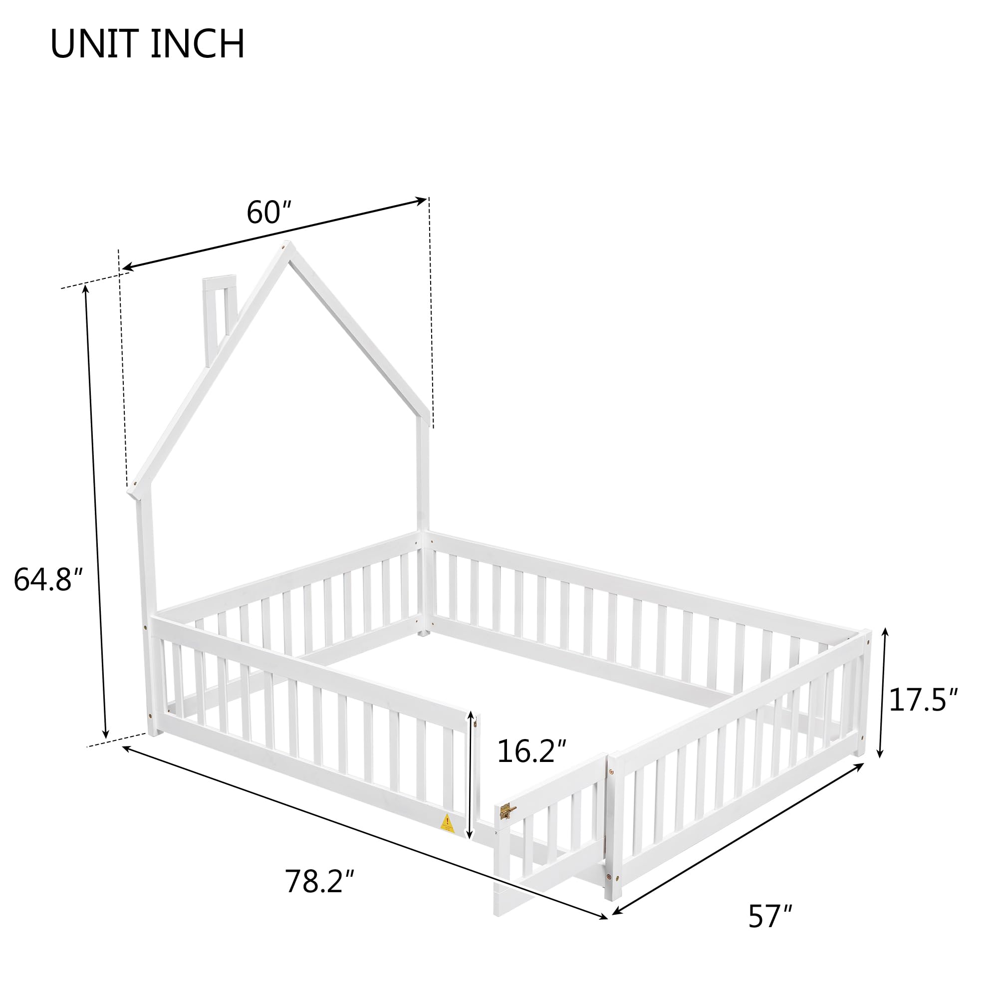 Harper & Bright Designs Kids Full Floor Bed with Rails & House-Shaped Headboard, Wooden Full Montessori Floor Bed Frame, Full Playhouse Bed for Kids Teens Girls Boys (White)