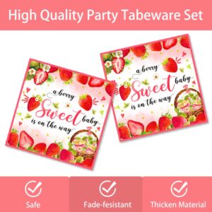 JVORFDG 169pcs Strawberry Baby Shower Deorations Berry Sweet Plates Napkins Cups Tablecloths A Berry Sweet Baby is On The Way Paper Tableware Set Strawberry Party Supplies Serves 24 Guests