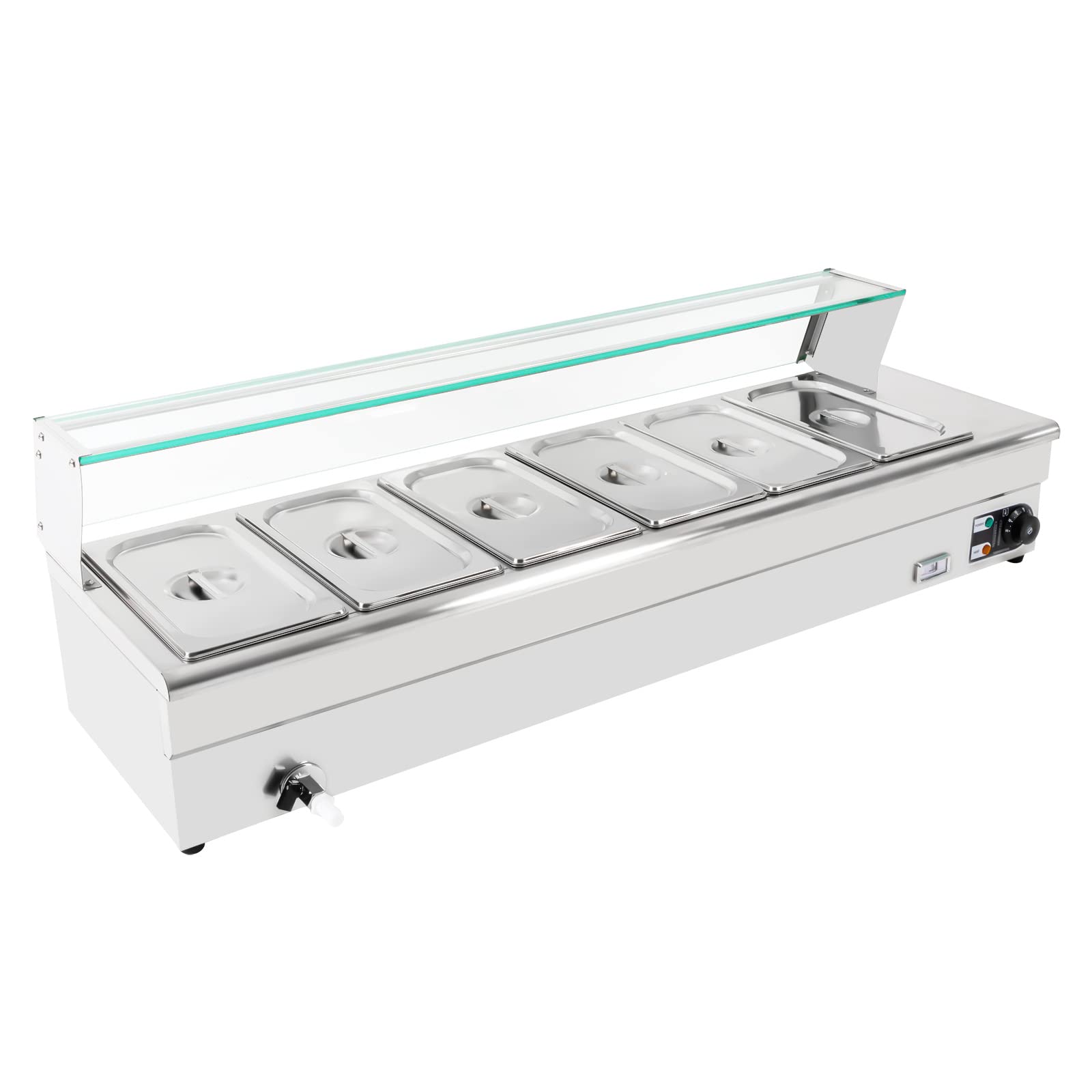 MuChaIOAK Food Warmer 6 Pan, Food Grade Stainelss Steel Food Steam Table, 201 Stainless Steel Countertop Food Warmer with Tempered Glass Shield 110V 1.2KW