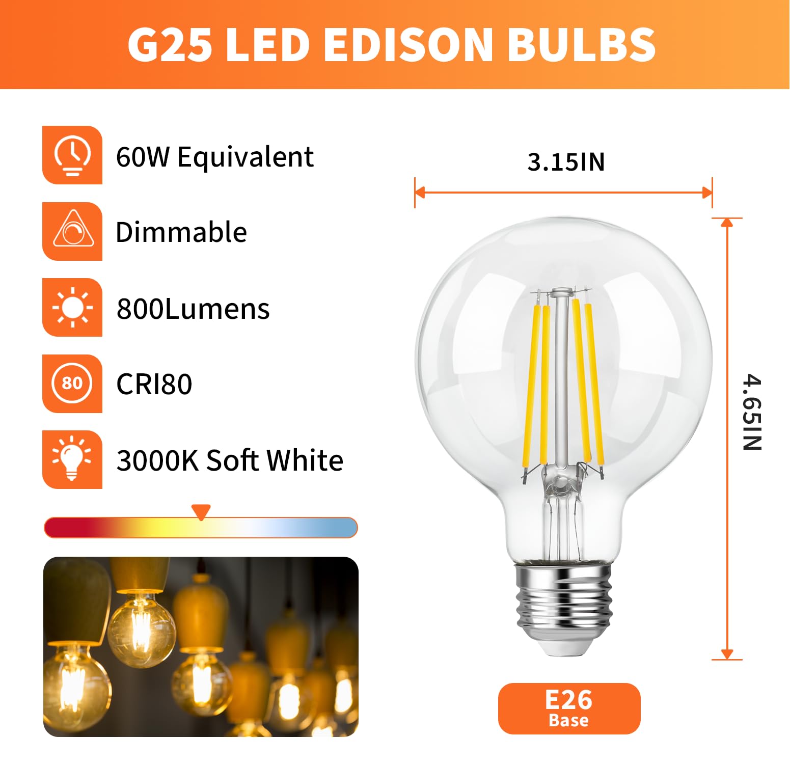 ALAMPEVER G25 Globe Light Bulbs 60 Watt, Vanity Lights LED Bulbs, Dimmable Decorative E26 Light Bulb 3000K Soft White, 800LM, 4PACK