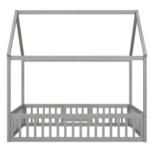 Harper & Bright Designs Grey House Bed Full Floor Bed with Fence Railings, Kids Wooden Full Size Montessori Bed Frame with Small Door for Kids, Fun Playhouse Beds, Full Size Bed Frame for Girls Boys