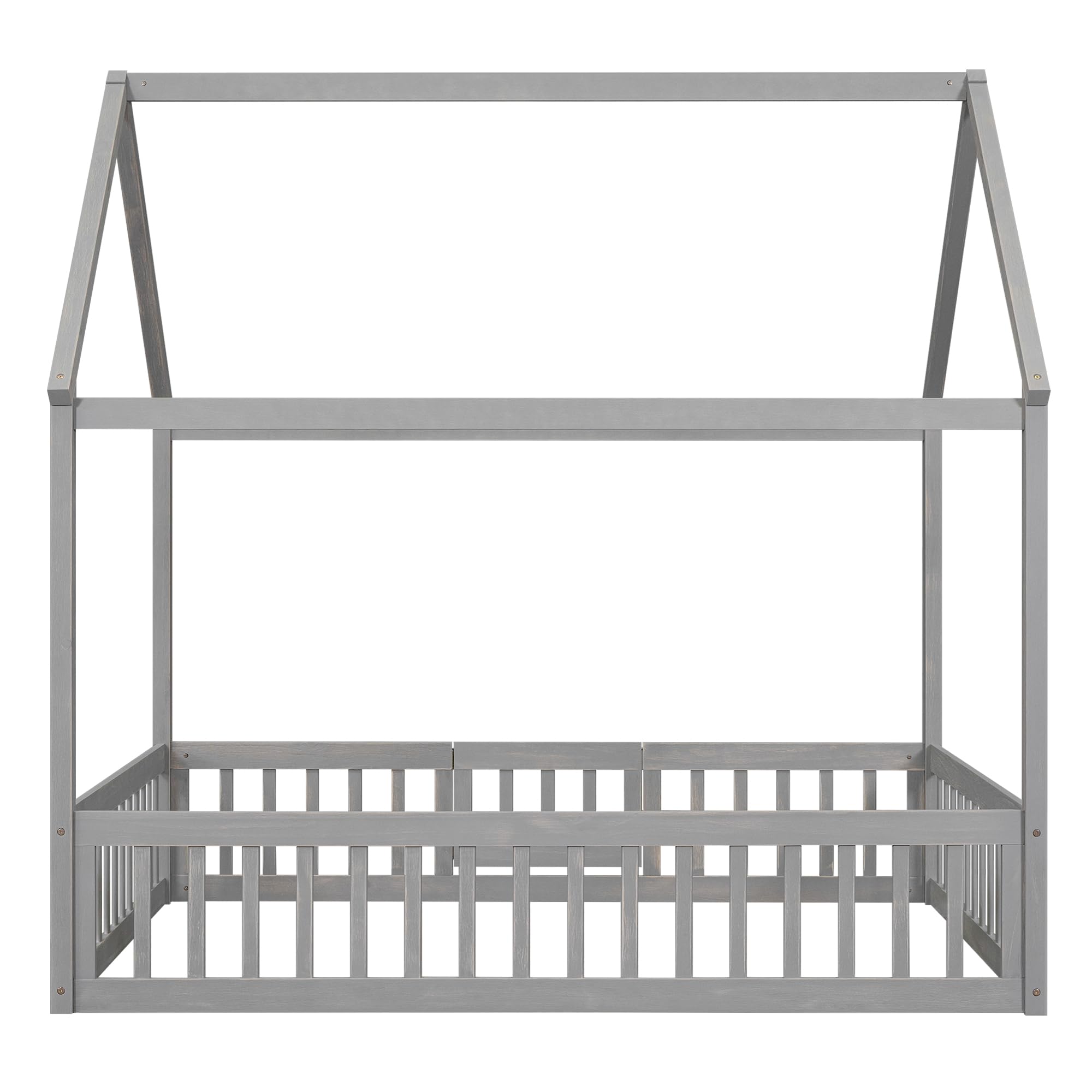 Harper & Bright Designs Grey House Bed Full Floor Bed with Fence Railings, Kids Wooden Full Size Montessori Bed Frame with Small Door for Kids, Fun Playhouse Beds, Full Size Bed Frame for Girls Boys