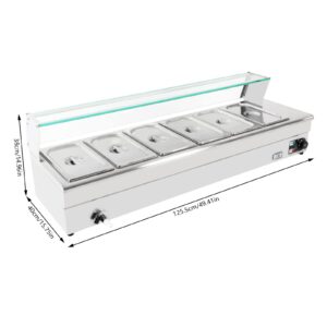 MuChaIOAK Food Warmer 6 Pan, Food Grade Stainelss Steel Food Steam Table, 201 Stainless Steel Countertop Food Warmer with Tempered Glass Shield 110V 1.2KW