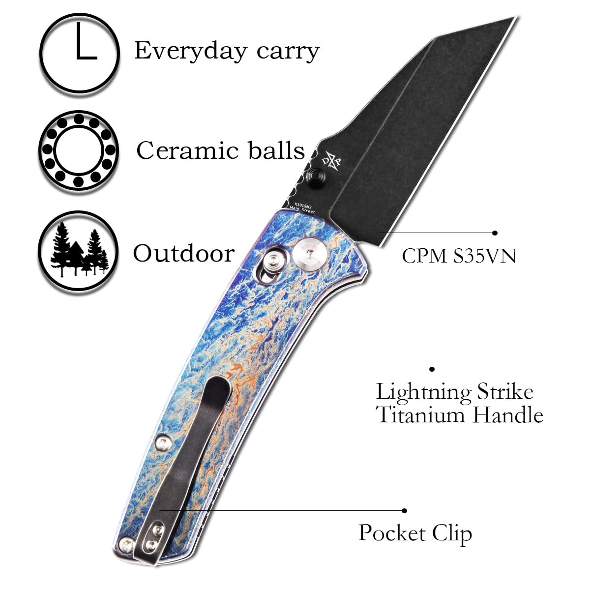 KANSEPT Premium Mian Street Men Women Pocket Knife 7.92in Folding Pocket Knives with 3.36in Black CPM 20CV Bladeand Lightning Strike Titanium Handle for Outdoor,Tactical,Survival K1015M2