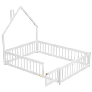 Harper & Bright Designs Kids Full Floor Bed with Rails & House-Shaped Headboard, Wooden Full Montessori Floor Bed Frame, Full Playhouse Bed for Kids Teens Girls Boys (White)