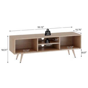 Theokleia TV Stand for 55 Inch TV, Mid Century Modern TV Stand Entertainment Center Rattan Media Console Table with Sliding Open Storage Cord Holes for Living Room Bedroom