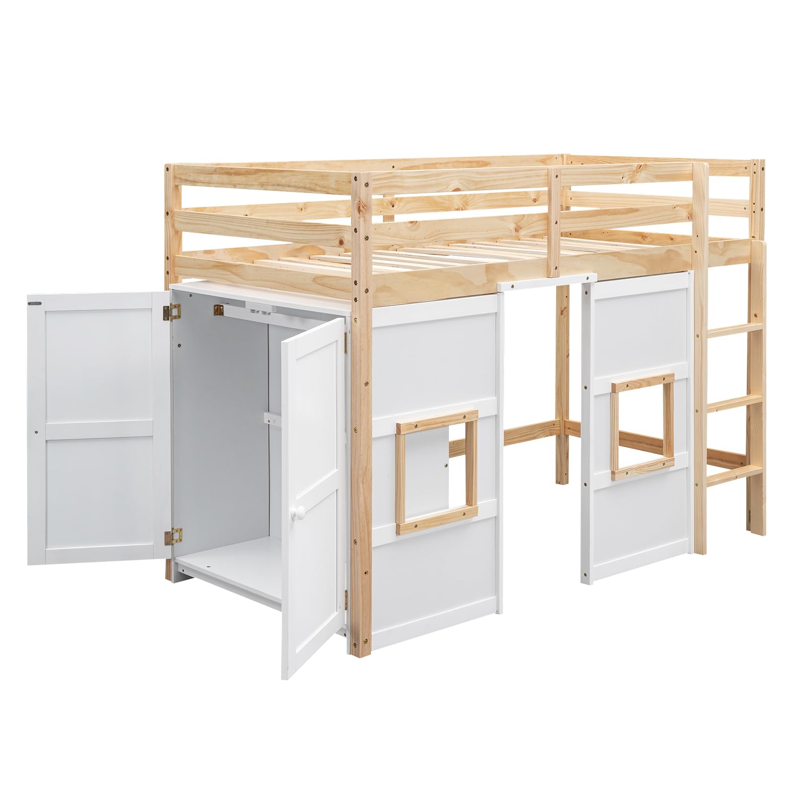 BestLM Wood Twin Size Loft Bed with Built-in Storage Wardrobe, Ladder, 2 Windows, and Full-Length Guardrails for Kids, Teens, Boys, Girls, Wooden Slats Support, No Box Spring Needed, Natural/White