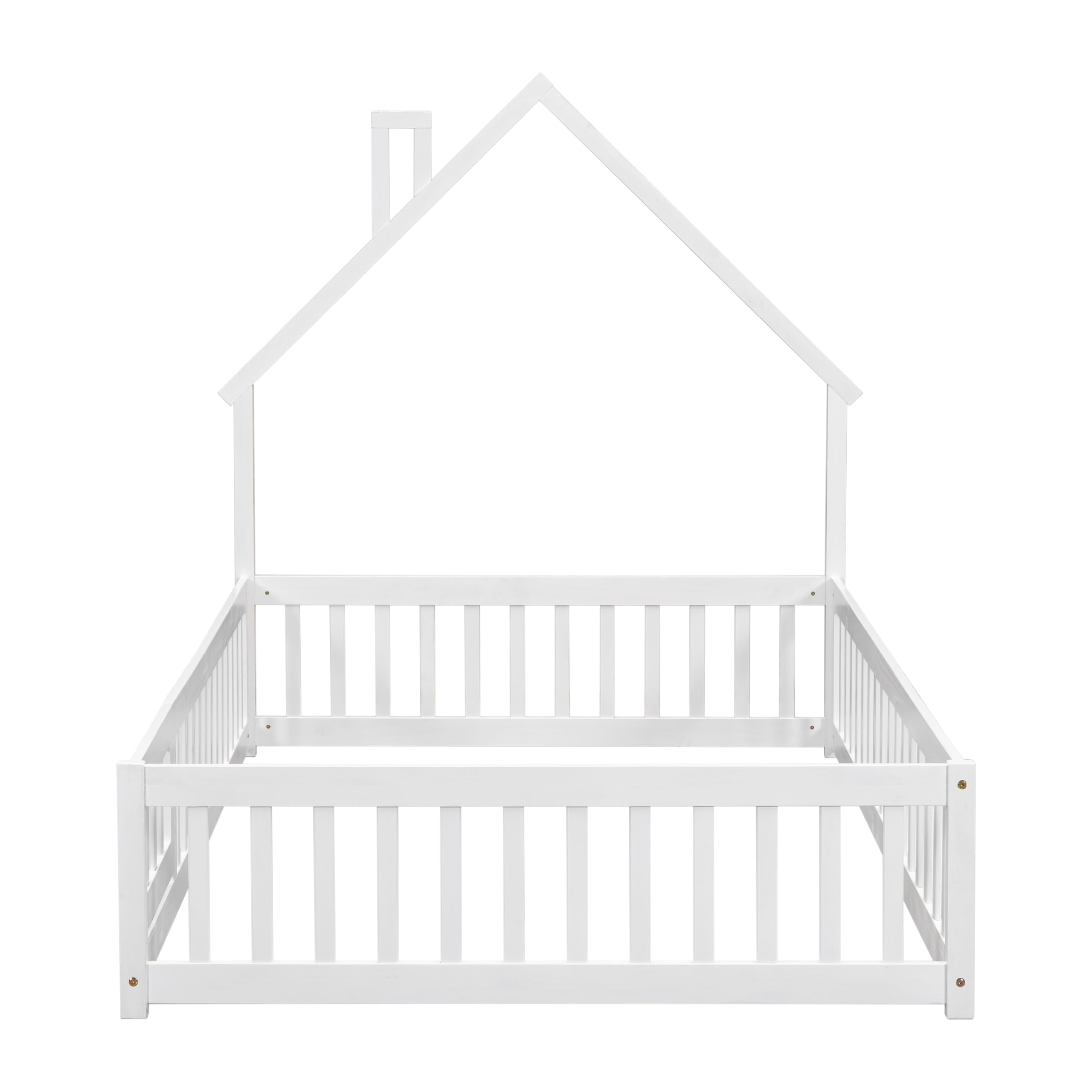 Harper & Bright Designs Kids Full Floor Bed with Rails & House-Shaped Headboard, Wooden Full Montessori Floor Bed Frame, Full Playhouse Bed for Kids Teens Girls Boys (White)