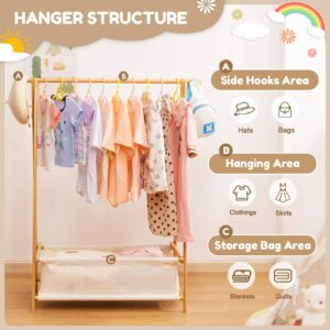 Cozivolife Kids Clothing Rack with Storage Box, Dress up Rack, Child Garment Rack with Hanging Rods, Small and Foldable, Bamboo (Natural)