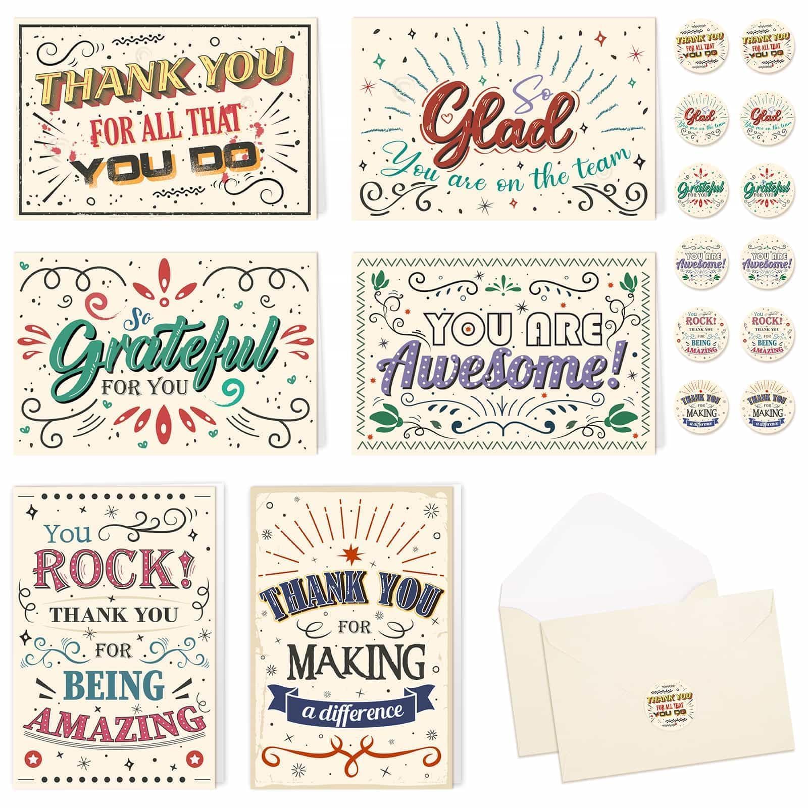 24 Employee Appreciation Cards - Thank You Cards with Envelopes & Stickers 6 Designs Colorful Encouragement Cards for Hand Written 4’’ x 6’’ Gratitude Cards for Appreciation Recognition Team Staff