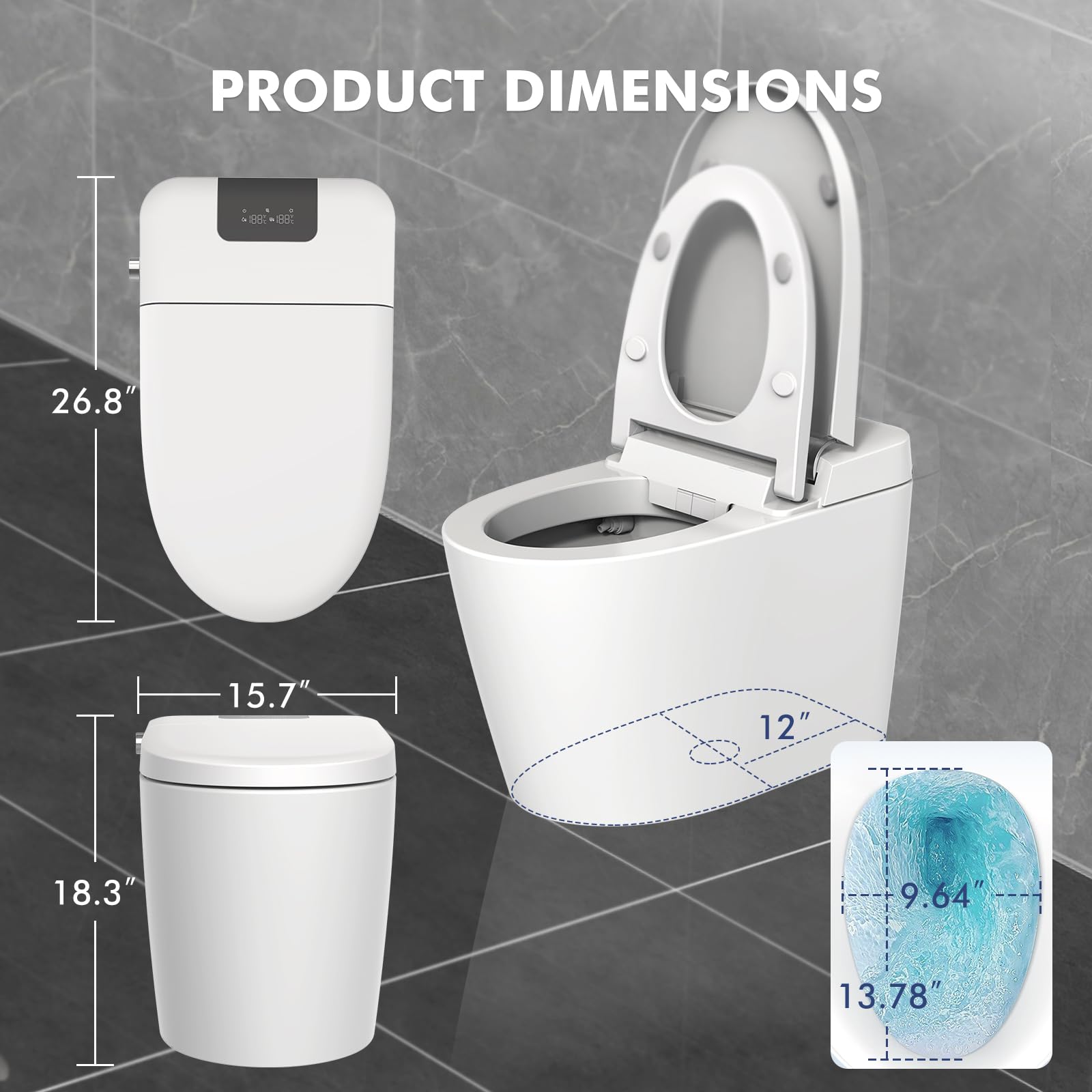 Smart Toilet with Bidet Built in, Auto Open/Close Lid, Auto Flush & Wash, Heated Seat, Foot Sensor, Digital Display, Remote Control, LED Nightlight