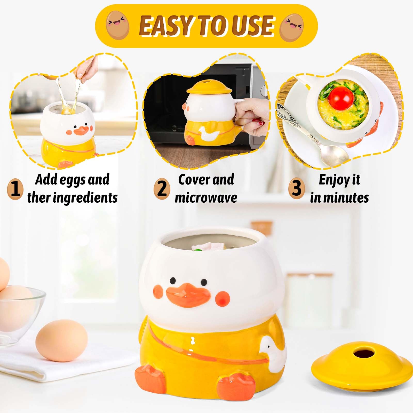 Garybank Cute Ceramic Microwave Egg Cooker, Egg Poacher for Microwave w/Cooking Recipes, Quick Egg Bites, Scrambled & Poached Egg Maker Holds Up to 4 Eggs, Fast Egg Hamburg Omelet Maker Just 60s