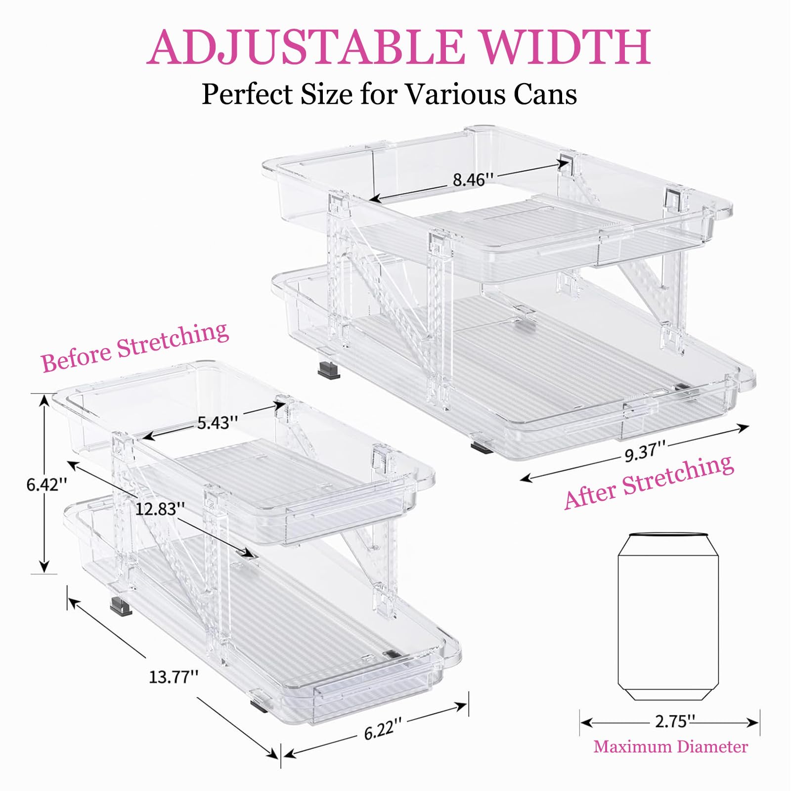 Aoteuk Refrigerator storage containers， Adjustable Width Rolling Soda Can Dispenser Soda Can Storage Rack Beverage Pop Can Holder Drink Organizer for Fridge Pantry Cabinet Countertop (2 Pack, Clear)