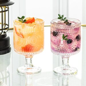 Set of 8 Romantic Vintage Goblet glassware, Charming Embossed Floral Cocktail Glasses Set, Mixed Drink Glasses, for Bars, Restaurants, Party, and Elegant Dinners, 8 oz Wine Glasses