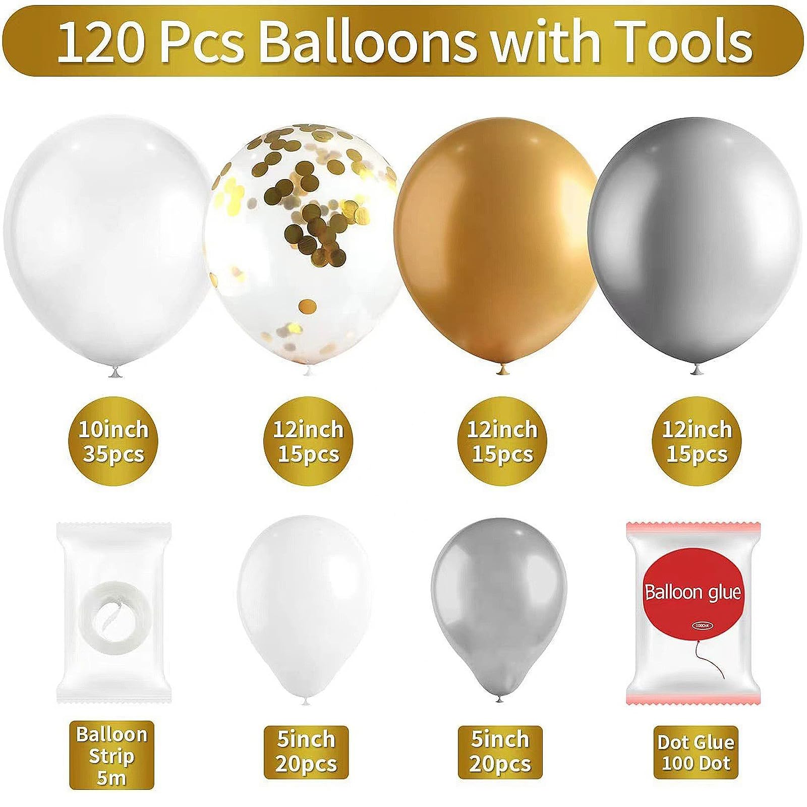 AimtoHome Gold Silver White Balloon Garland Arch Kit 120Pcs Party Balloon Set with Confetti - Party Balloon Decorations for Graduations, New Years, Birthday, Baby Shower, Wedding, Bridal Shower