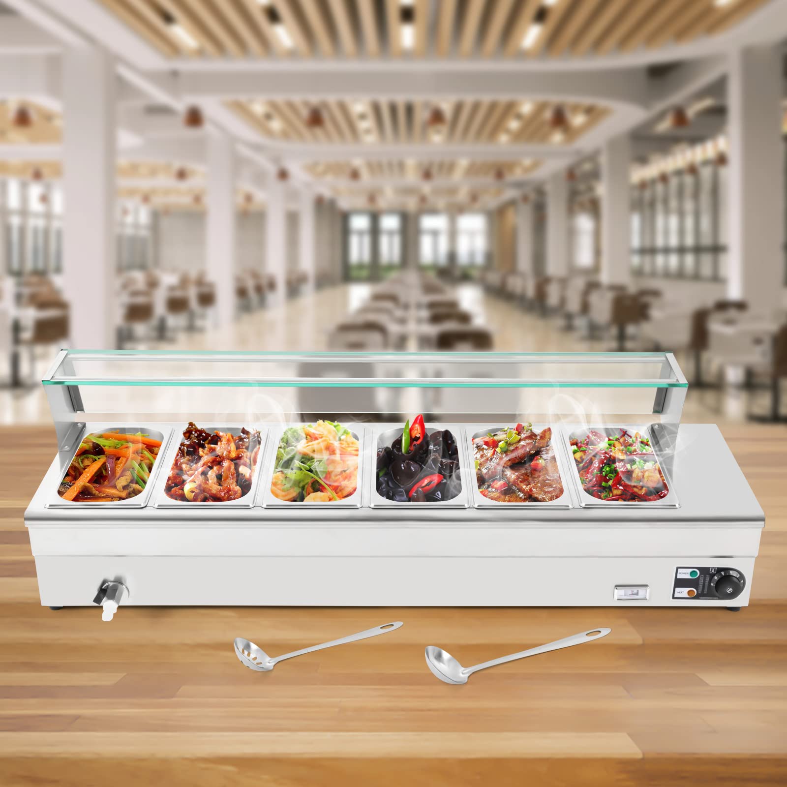 MuChaIOAK Food Warmer 6 Pan, Food Grade Stainelss Steel Food Steam Table, 201 Stainless Steel Countertop Food Warmer with Tempered Glass Shield 110V 1.2KW