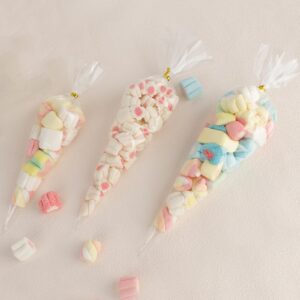 100 Pieces Cone Shaped Treat Bags, Cone Shaped Cellophane Treat Bags, 10 x 5 Inches Triangle Treat Bags with Ties, Clear Treat Bags, Plastic Treat Bags with Twist Ties for Popcorn Treats Cookies Candy