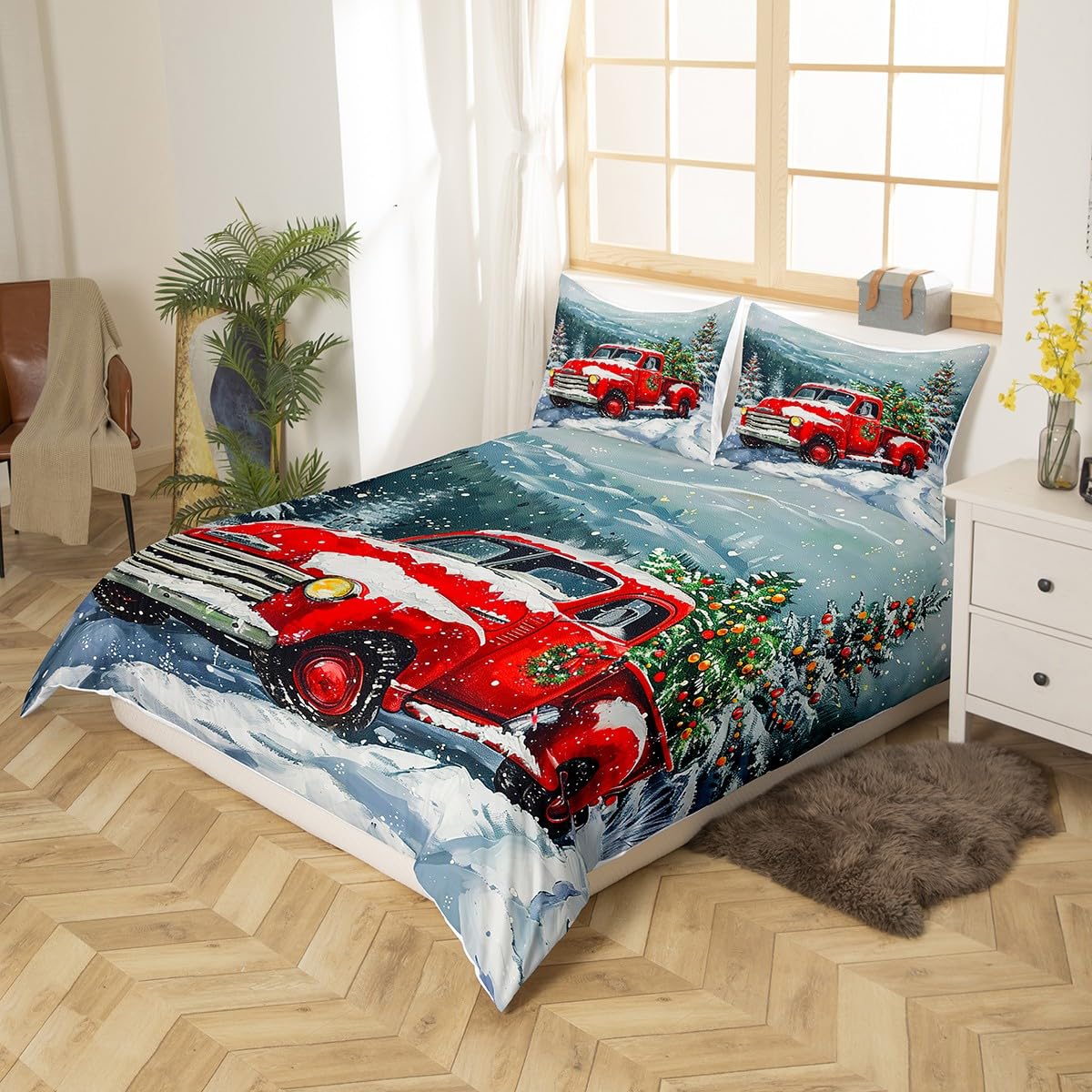 Red Christmas Truck Duvet Cover Set King Size,Winter Snow View Bedding Set for Kids Boys Girls Adults Room Decor,Happy New Year Themed Comforter Cover 3pcs Xmas Pine Quilt Cover,2 Pillowcases