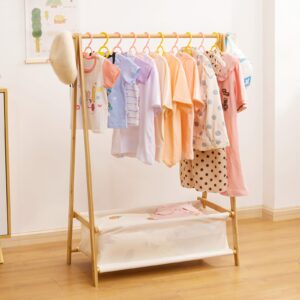 cozivolife kids clothing rack with storage box, dress up rack, child garment rack with hanging rods, small and foldable, bamboo (natural)