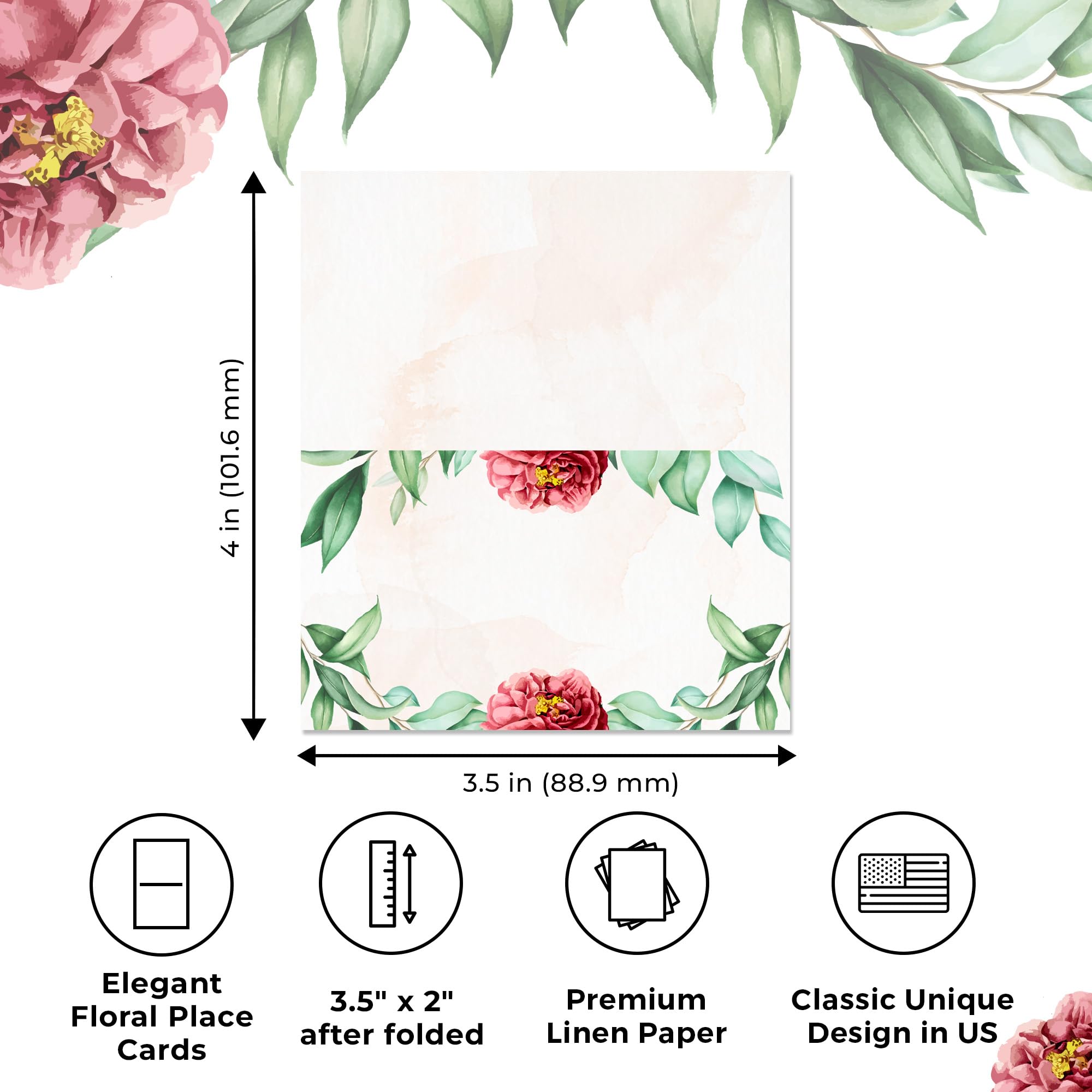 Mobiusea Creation Elegant Floral Place Cards 100pcs | Thick Linen Cardstock | 2"x3.5" Name cards | Place Cards for Table Setting | Name Cards for Table Setting, Seating Cards, Tent Cards