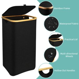 Laundry Hamper with Wheels - Large Laundry Hamper with Wheels and Removable Bag, Foldable Dirty Clothes Hamper with Handles, Waterproof Oxford Bamboo Hamper for Bedroom, Laundry Room, Dorm Room