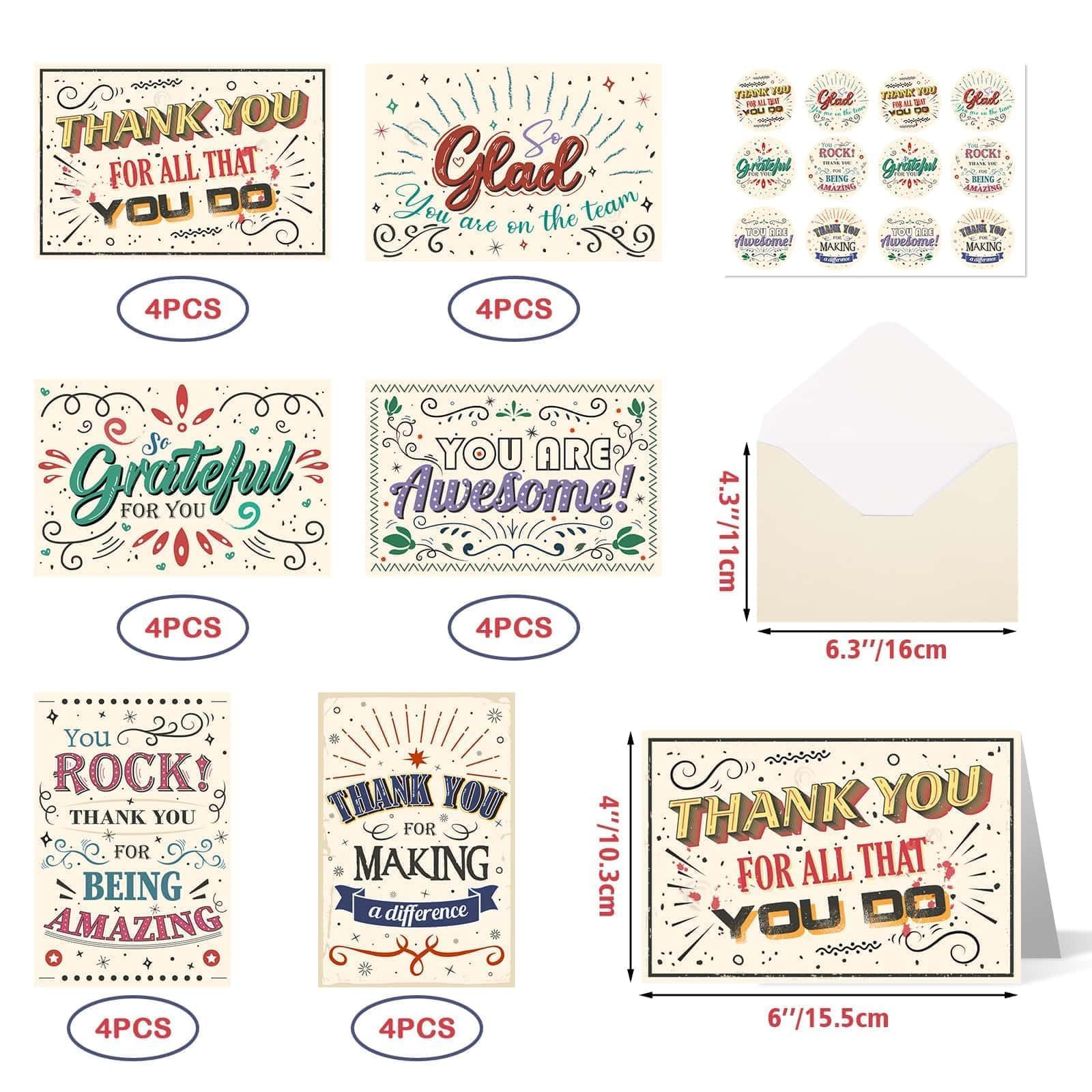 24 Employee Appreciation Cards - Thank You Cards with Envelopes & Stickers 6 Designs Colorful Encouragement Cards for Hand Written 4’’ x 6’’ Gratitude Cards for Appreciation Recognition Team Staff