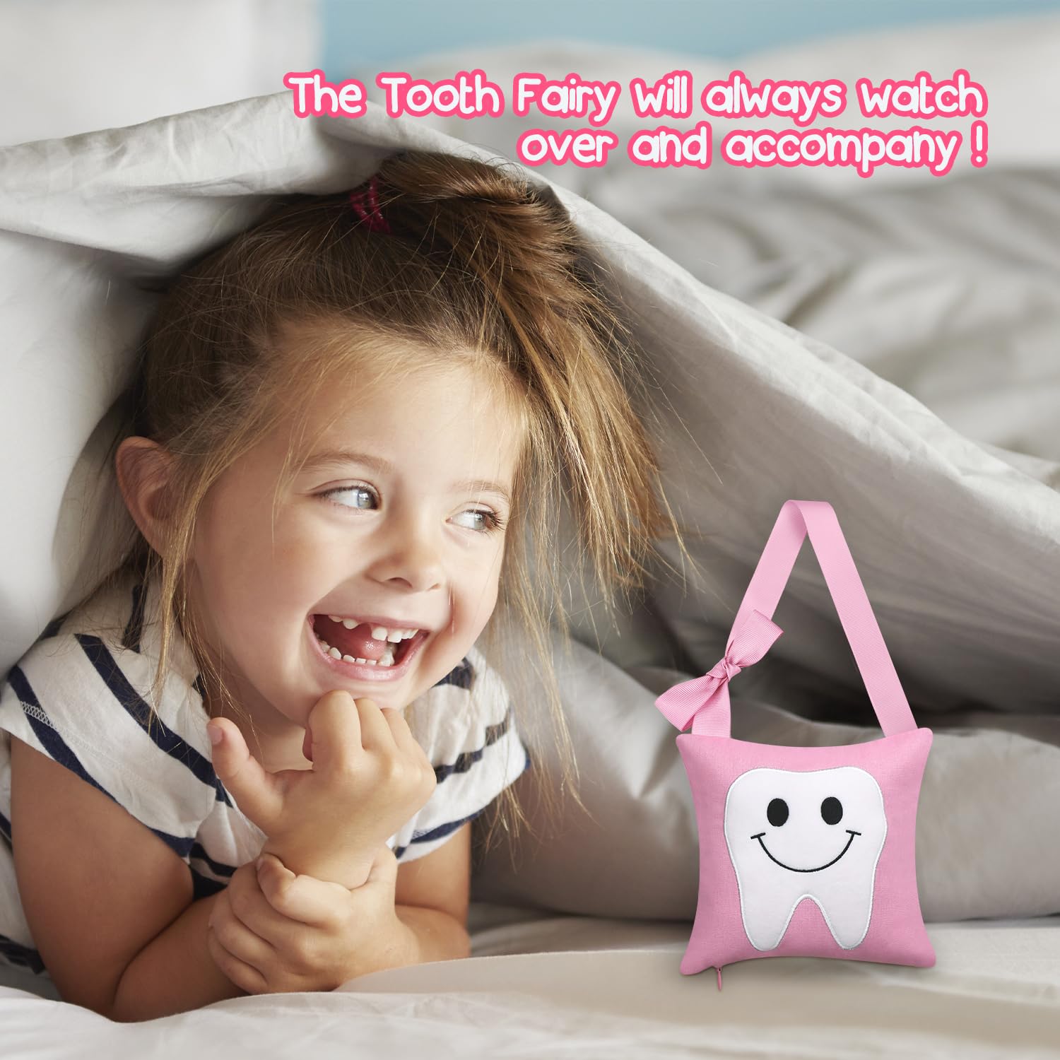 Linen Tooth Pillow,Tooth Fairy Pillow with Pocket Door Hanger Birthday Gift for Kids Tooth Fairy Souvenir for Boys and Girls Tooth Fairy Gift (Pink)