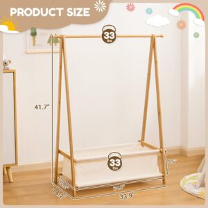 Cozivolife Kids Clothing Rack with Storage Box, Dress up Rack, Child Garment Rack with Hanging Rods, Small and Foldable, Bamboo (Natural)