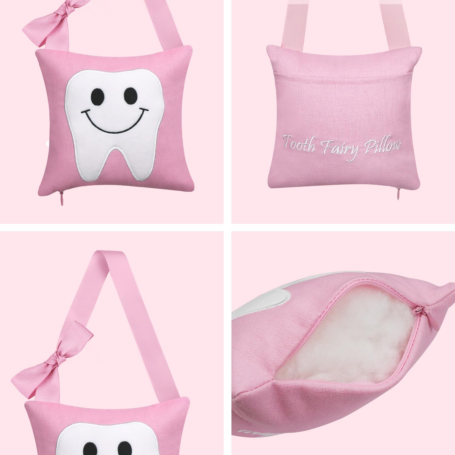 Linen Tooth Pillow,Tooth Fairy Pillow with Pocket Door Hanger Birthday Gift for Kids Tooth Fairy Souvenir for Boys and Girls Tooth Fairy Gift (Pink)