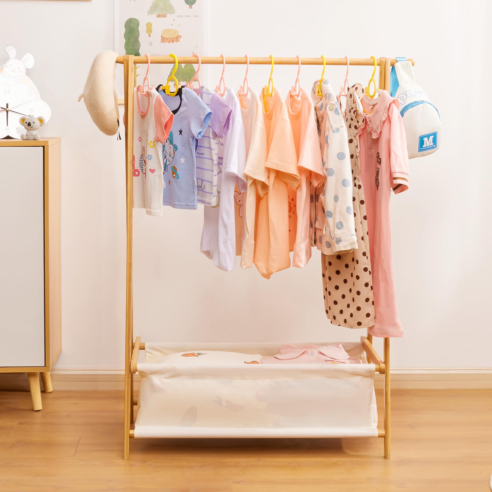 Cozivolife Kids Clothing Rack with Storage Box, Dress up Rack, Child Garment Rack with Hanging Rods, Small and Foldable, Bamboo (Natural)