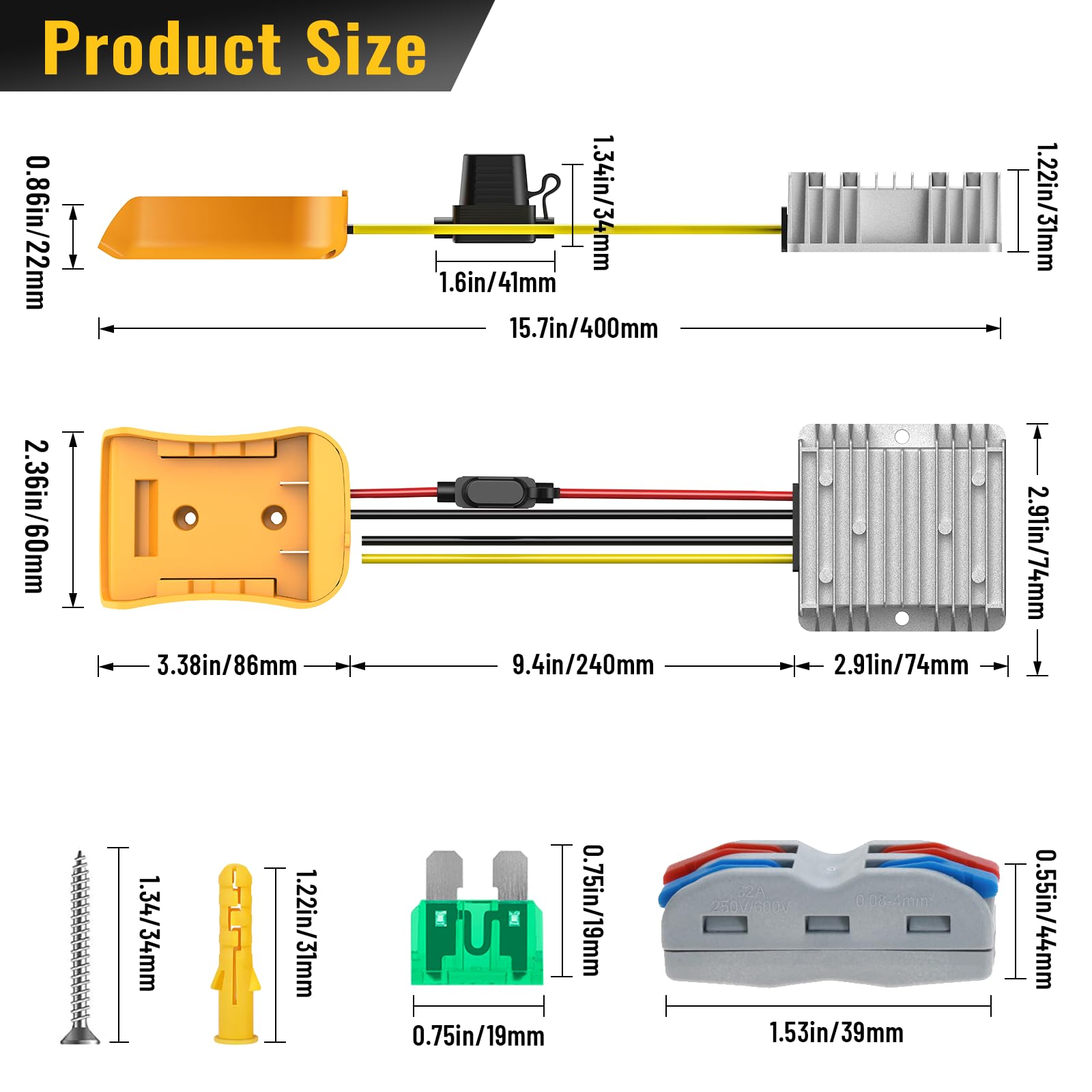 20V to 12V Step Down Converter for DeWalt 20V Power Wheels Battery Adapter, DC 12V 20A 240W Buck Converter Regulator with 30A Fuse & Wire Terminal