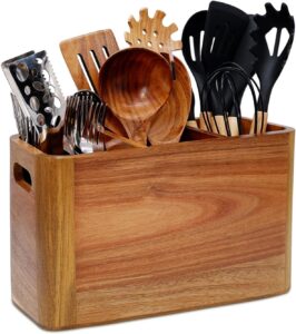 wooden kitchen utensil holder organizer for counter or countertop, large wooden utensil holder for storage cooking and silverware with 3 compartment, acacia rustic wood container extra large