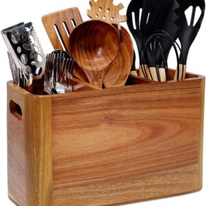 Wooden Kitchen Utensil Holder Organizer for Counter or Countertop, Large Wooden Utensil Holder for Storage Cooking and Silverware with 3 Compartment, Acacia Rustic Wood Container Extra Large