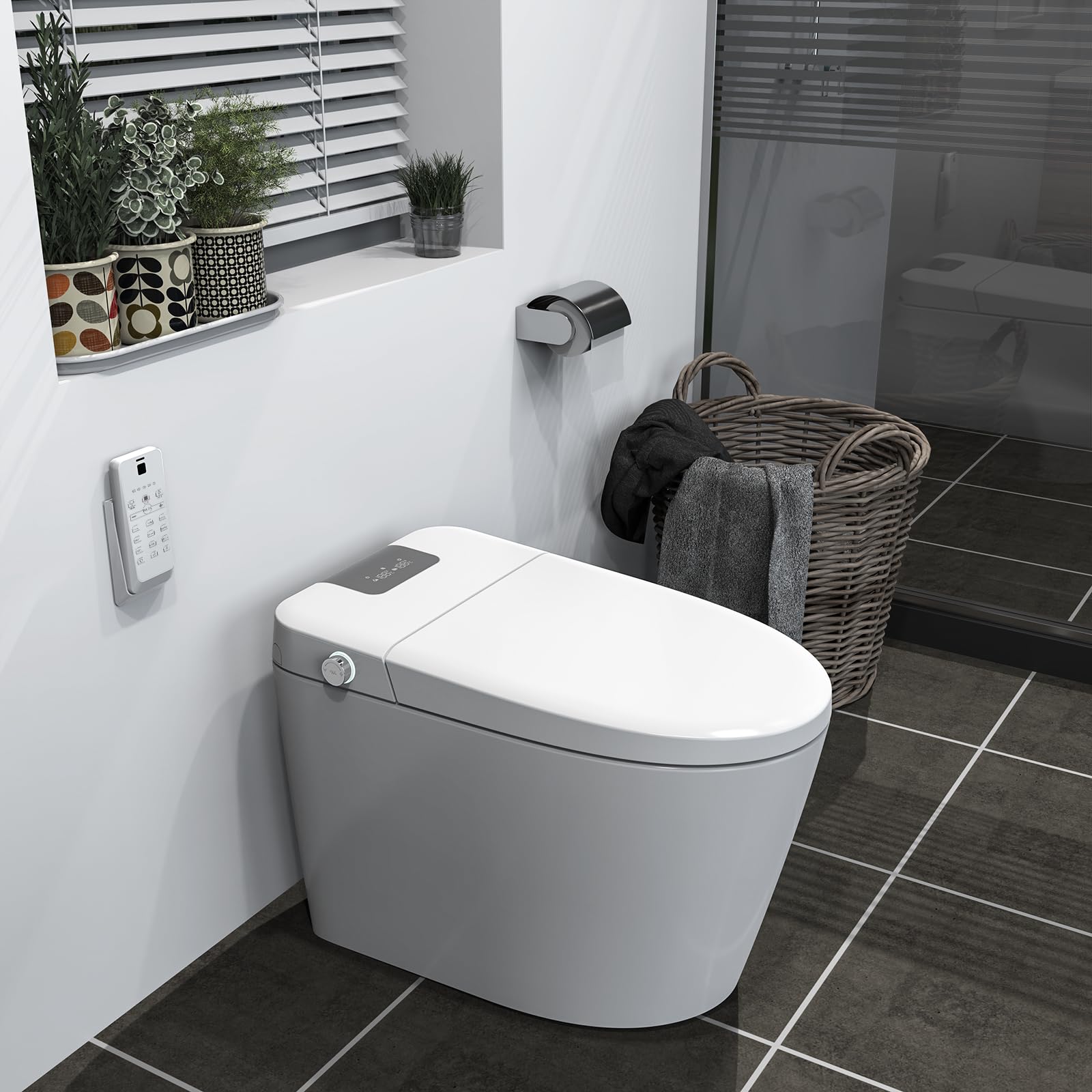 Smart Toilet with Bidet Built in, Auto Open/Close Lid, Auto Flush & Wash, Heated Seat, Foot Sensor, Digital Display, Remote Control, LED Nightlight