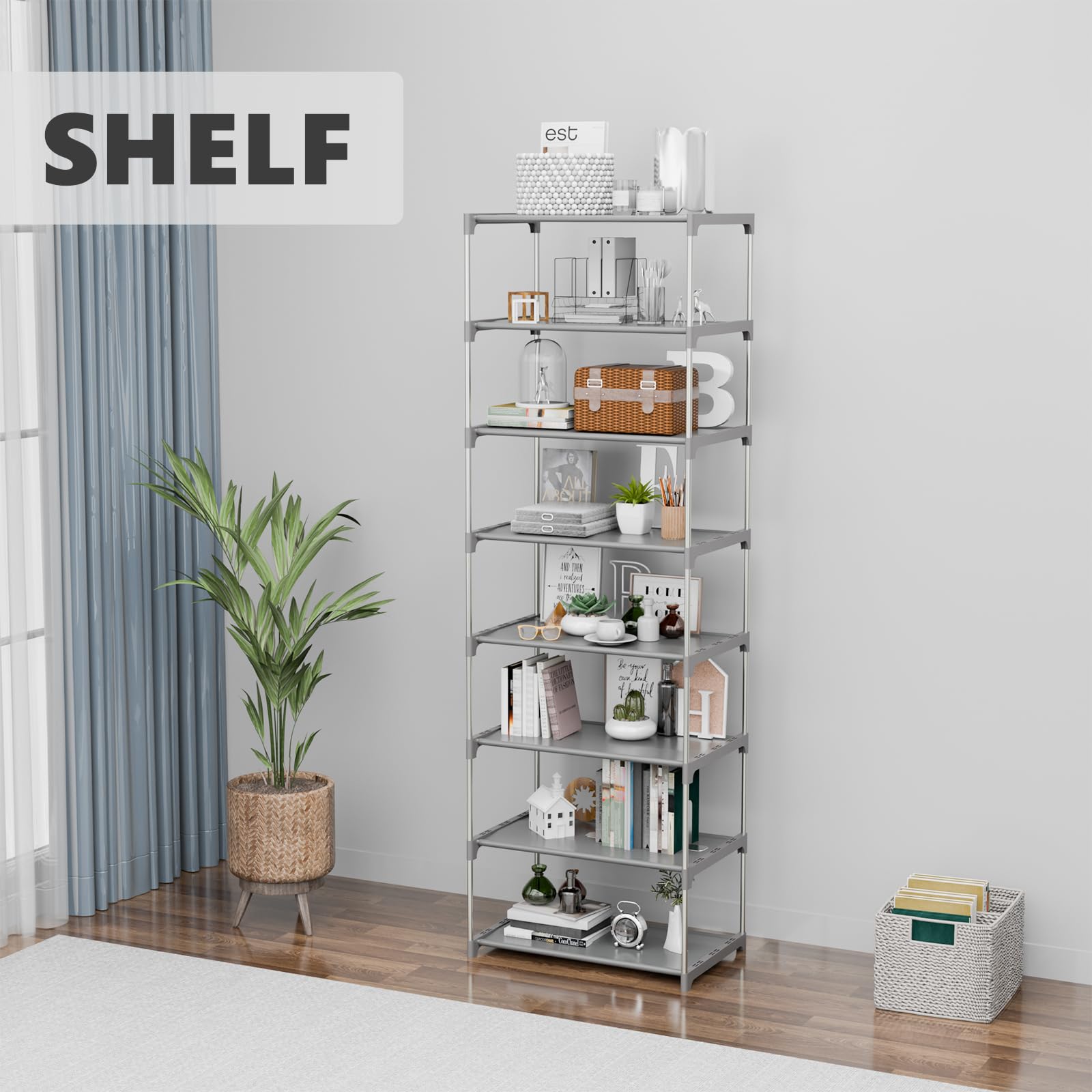 LEMONIDEA Shoe Rack 8 Tier with Plastic Shelves Space Saving Narrow Shoe Storage Vertical Organizer 12 x 16.9 x 55.9 Inches for Entryway Bedroom Bathroom (Gray)