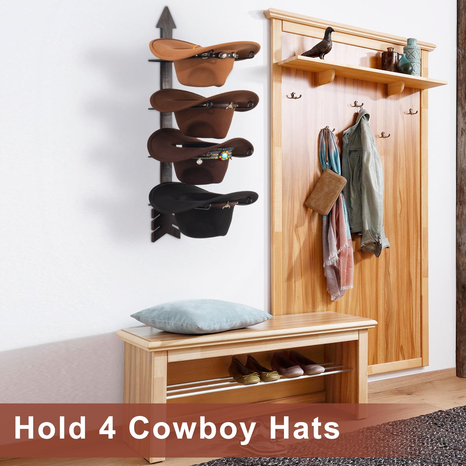 Outink Cowboy Hat Rack 4 Pieces Cowboy Hat Holder Western Decor Rustic Wood Arrow Hat Hangers Western Hat Organizer for Wall (1 PACK)