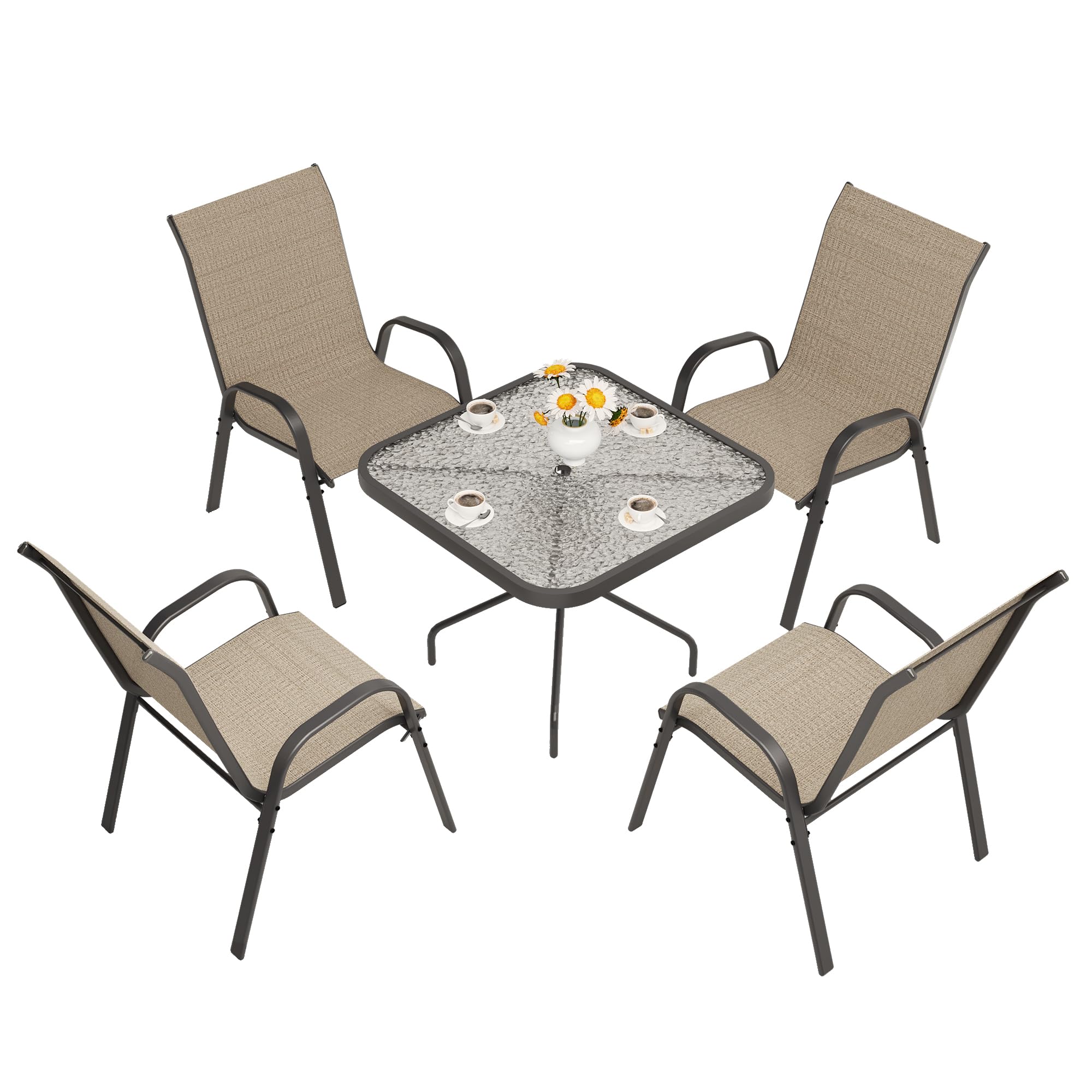 UDPATIO Patio Dining Set of 5, Outdoor Furniture Chairs and Square Table, Breathable Seat Fabric and Alloy Steel Frame for Backyard, Porch, Garden, Poolside (Brown)