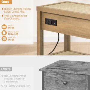 SICOTAS Rattan Nightstands Set of 2 - Boho Night Stand with Type-C Charging Station & Rattan Drawer - Bed Side Table End Table for Bedroom Living Room - Natural Oak