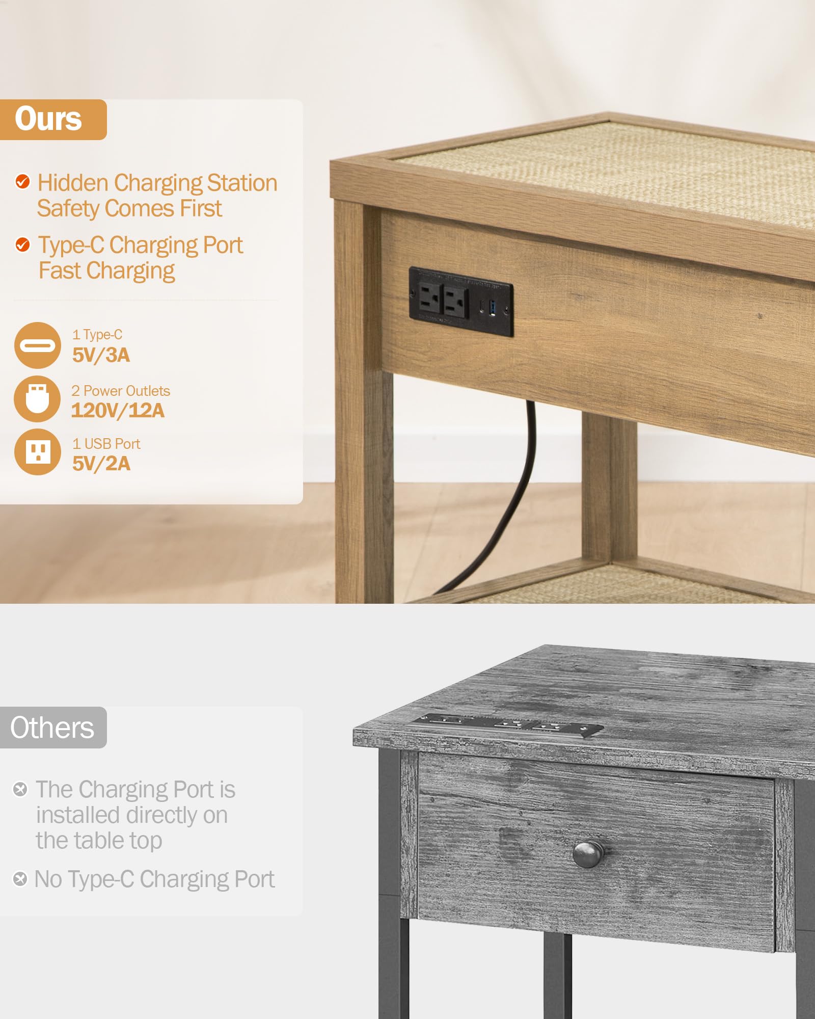 SICOTAS Rattan Nightstands Set of 2 - Boho Night Stand with Type-C Charging Station & Rattan Drawer - Bed Side Table End Table for Bedroom Living Room - Natural Oak