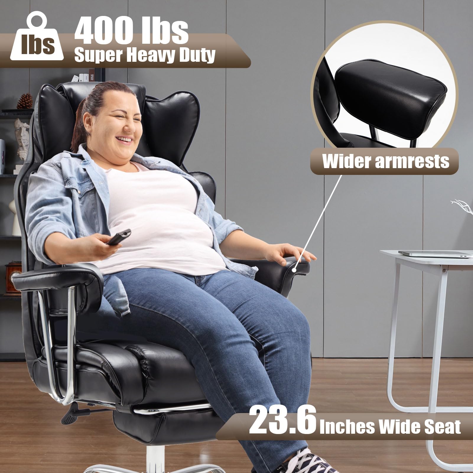 ZZW Executive Office Chair 400LBS Big and Tall Gaming Chair with Foot Rest Leather Office Chair with Armrests High Back Office Chair with Lumbar Support, Black