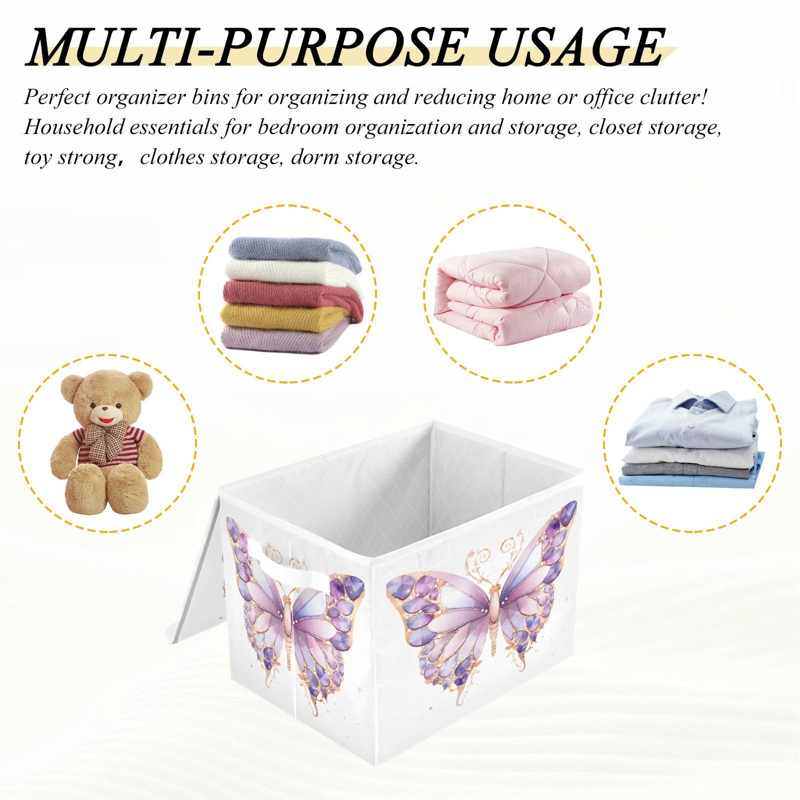 DALAWU Containers Baskets with Lids Purple Butterfly Fabric Foldable Storage Bins Organizer with Lid Collapsible Storage Boxes for Home Bedroom Closet Office