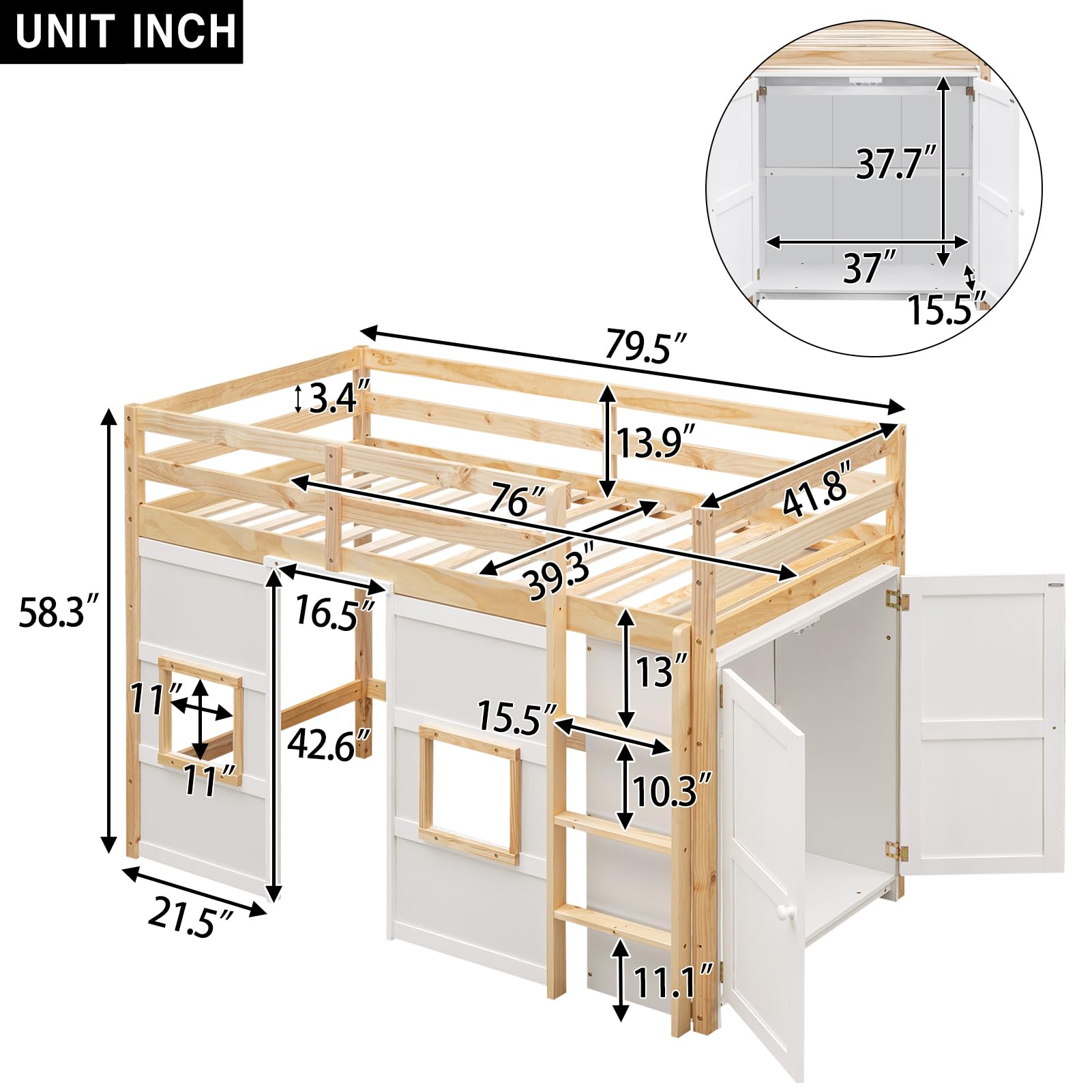 BestLM Wood Twin Size Loft Bed with Built-in Storage Wardrobe, Ladder, 2 Windows, and Full-Length Guardrails for Kids, Teens, Boys, Girls, Wooden Slats Support, No Box Spring Needed, Natural/White