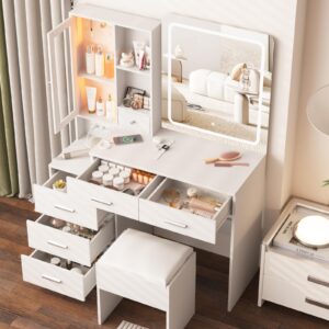 Fameill Makeup Vanity Desk with Mirror and Lights, White Vanity Table Set with Charging Station, Dressing Table with RGB Cabinet, Makeup Vanity Mirror with 5 Drawer, Hooks, Storage Shelves, Chair