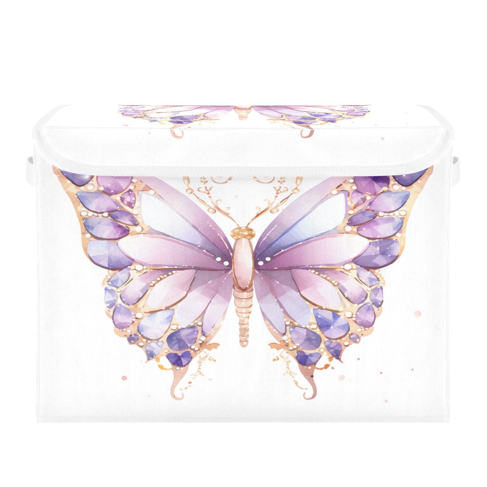 DALAWU Containers Baskets with Lids Purple Butterfly Fabric Foldable Storage Bins Organizer with Lid Collapsible Storage Boxes for Home Bedroom Closet Office