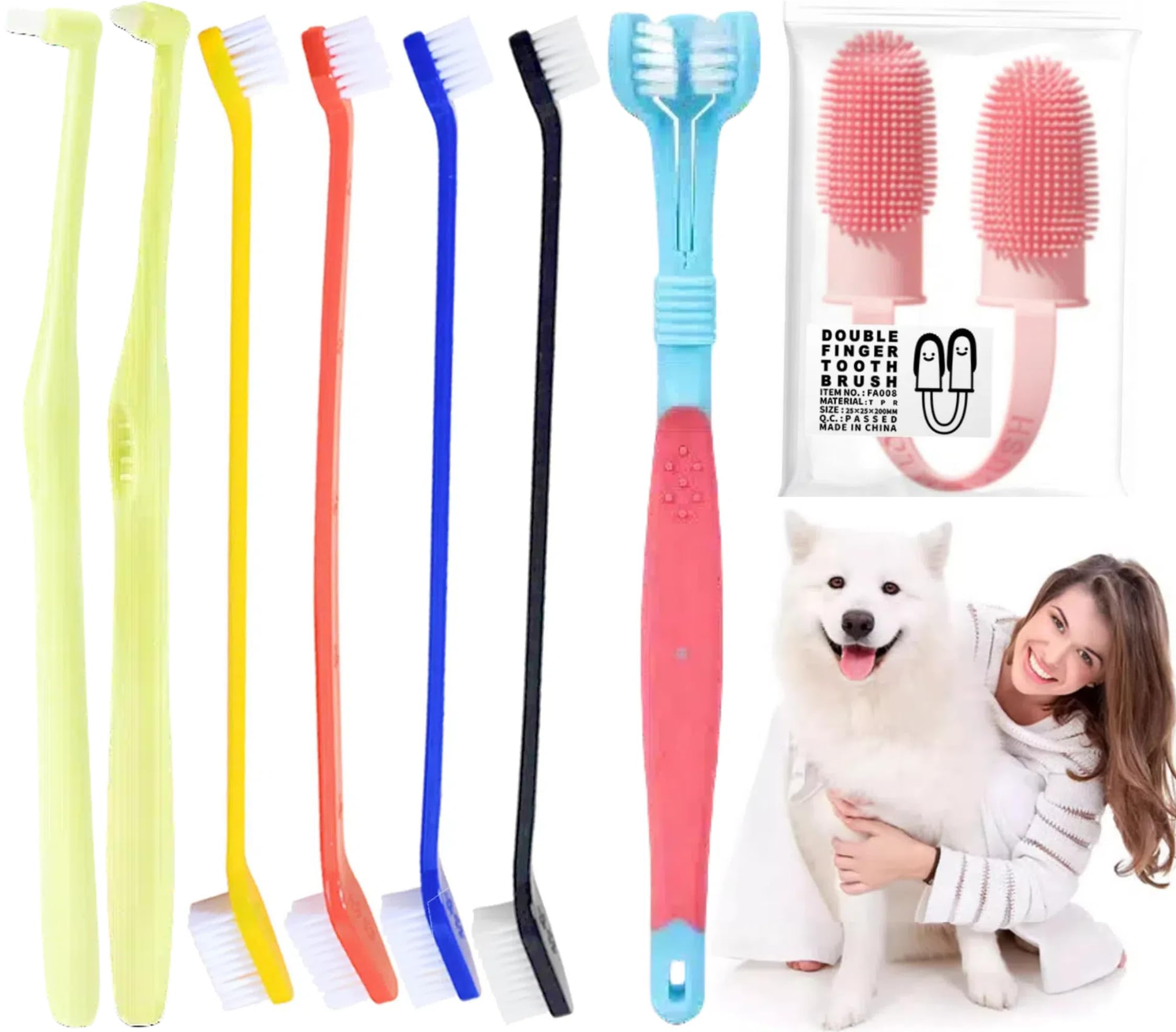 Dog & Cat Toothbrush Kit, 360º Pet Toothbrush, Food Grade Silicone Dog Finger Toothbrush, Dual Head Bristles Tooth Brush, Triple Head Dog Toothbrushes, Cleaning Brushes for Dog Cat Oral Dental