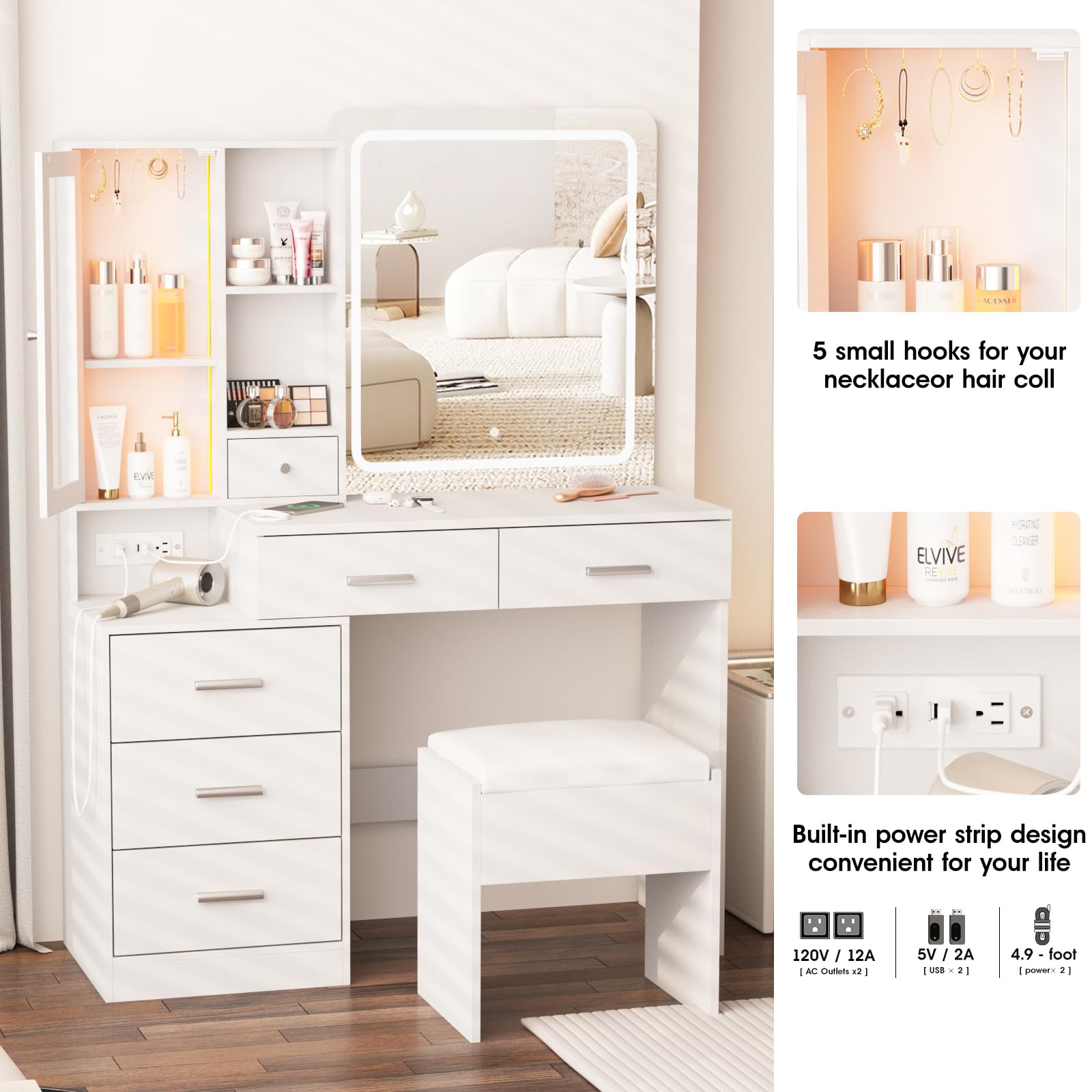 Fameill Makeup Vanity Desk with Mirror and Lights, White Vanity Table Set with Charging Station, Dressing Table with RGB Cabinet, Makeup Vanity Mirror with 5 Drawer, Hooks, Storage Shelves, Chair