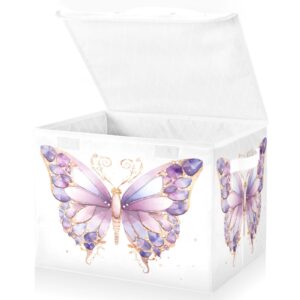 DALAWU Containers Baskets with Lids Purple Butterfly Fabric Foldable Storage Bins Organizer with Lid Collapsible Storage Boxes for Home Bedroom Closet Office